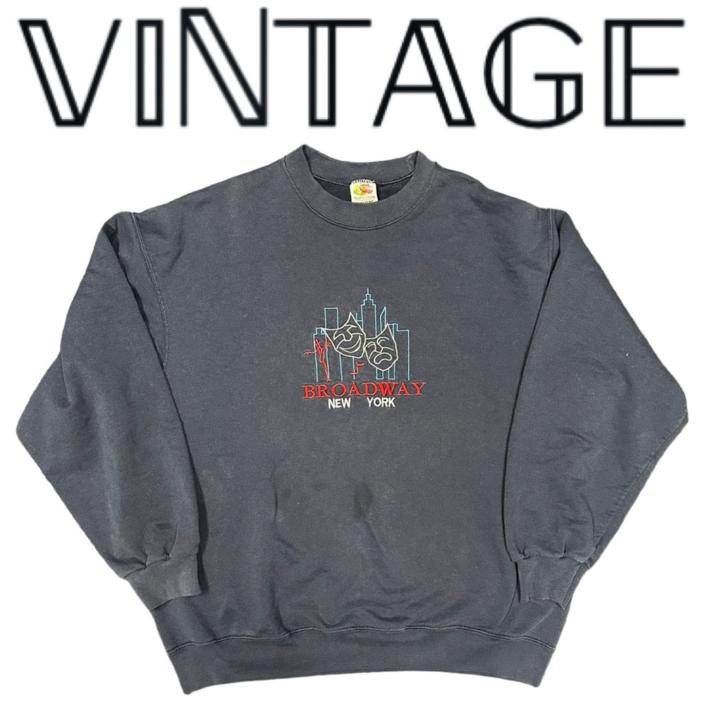 Vintage New York Broadway Embroidered Sweater Fruit of the Loom Blue Mask L